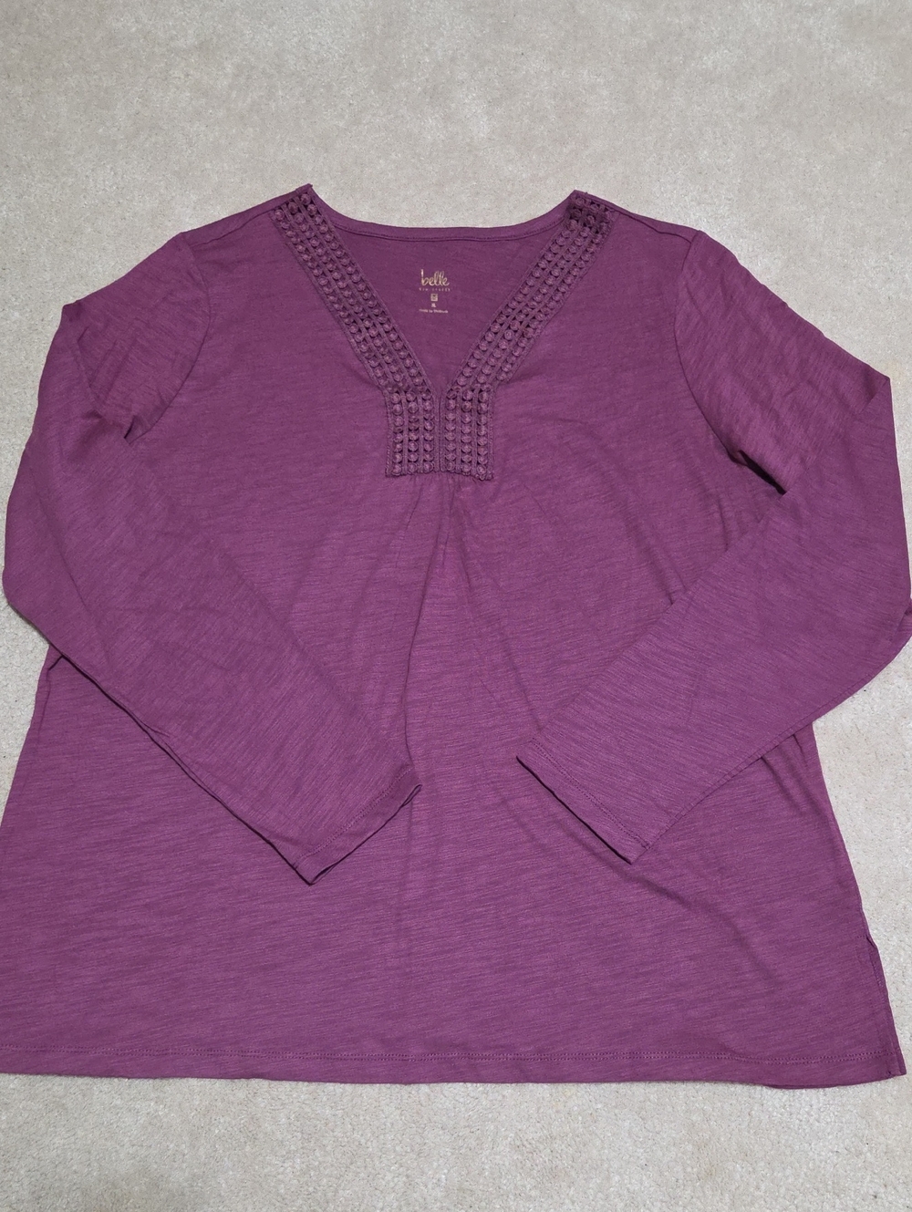 Belle by Kim Gravel Plum Crochet-Trim V-Neck Long Sleeve Tee